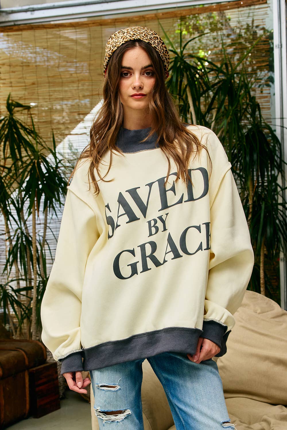 Saved by Grace Puff Print Sweatshirt: CREAM / PINK