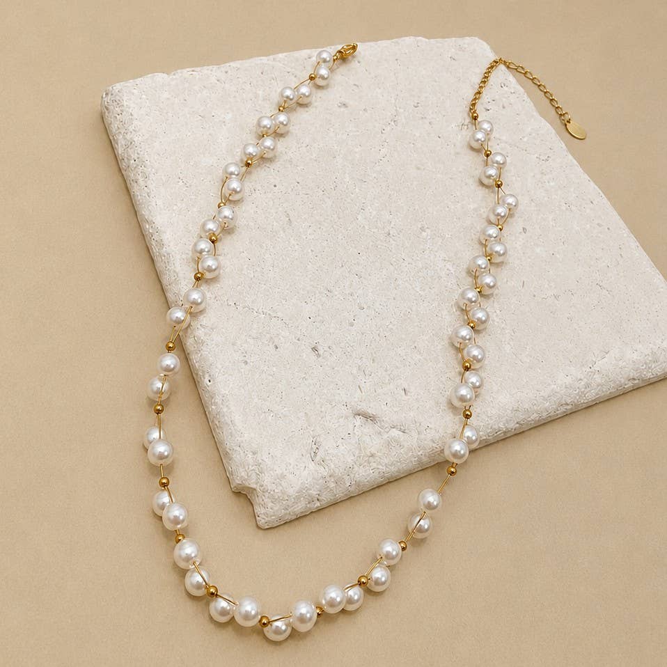 Faux Baroque Pearl & Gold Wire Station Necklace