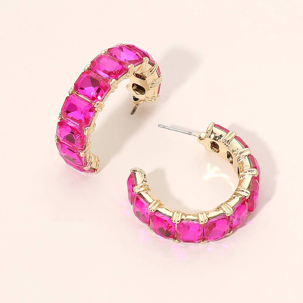 Faceted Rectangular Gem Curved Hoop Earrings: Champagne,Gold
