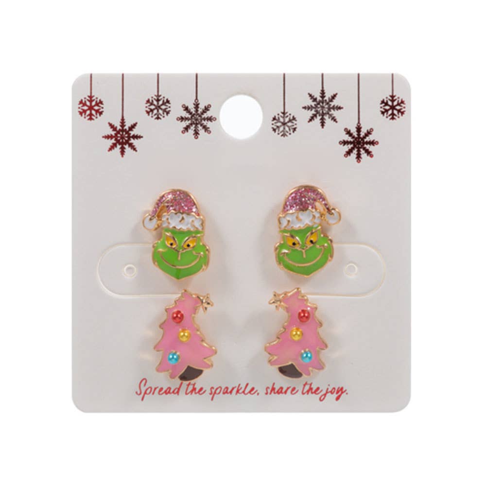 2Pairs - Christmas Grinch Green Monster Stud Earring Set: Pink