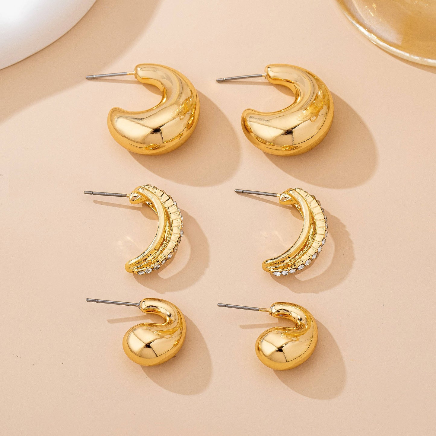 Chunky Hoop Rhinestone Trio Earring Set GOLD