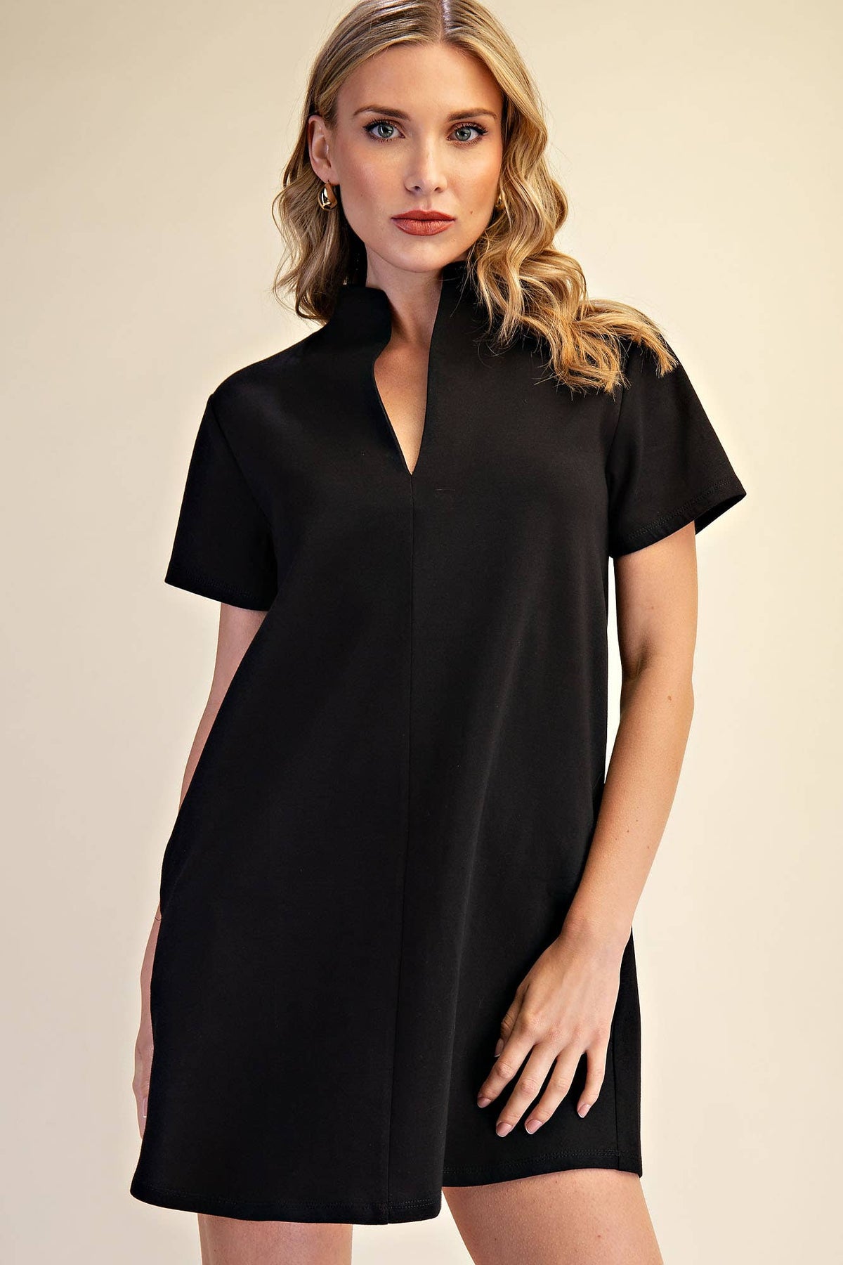Stand Collar V-Neck Slit Dress: Hunter Green