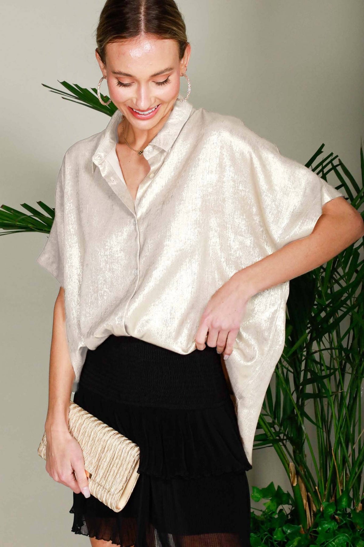 Collared Neck Button Down Metallic Woven Top Gold