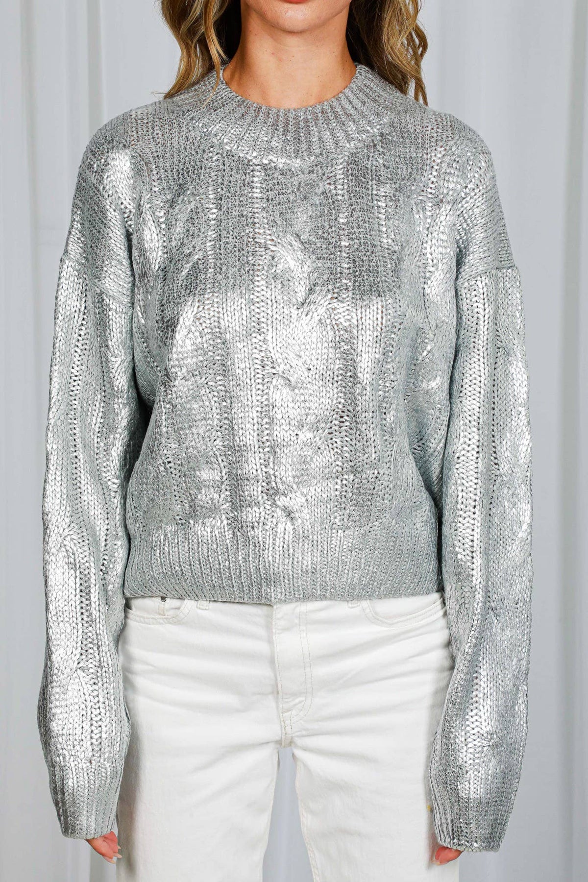 Metallic Foil Crew Neck Knitted Sweater Gold