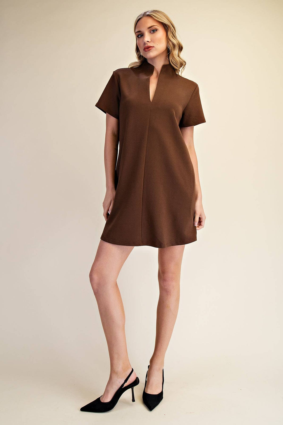 Stand Collar V-Neck Slit Dress: Hunter Green