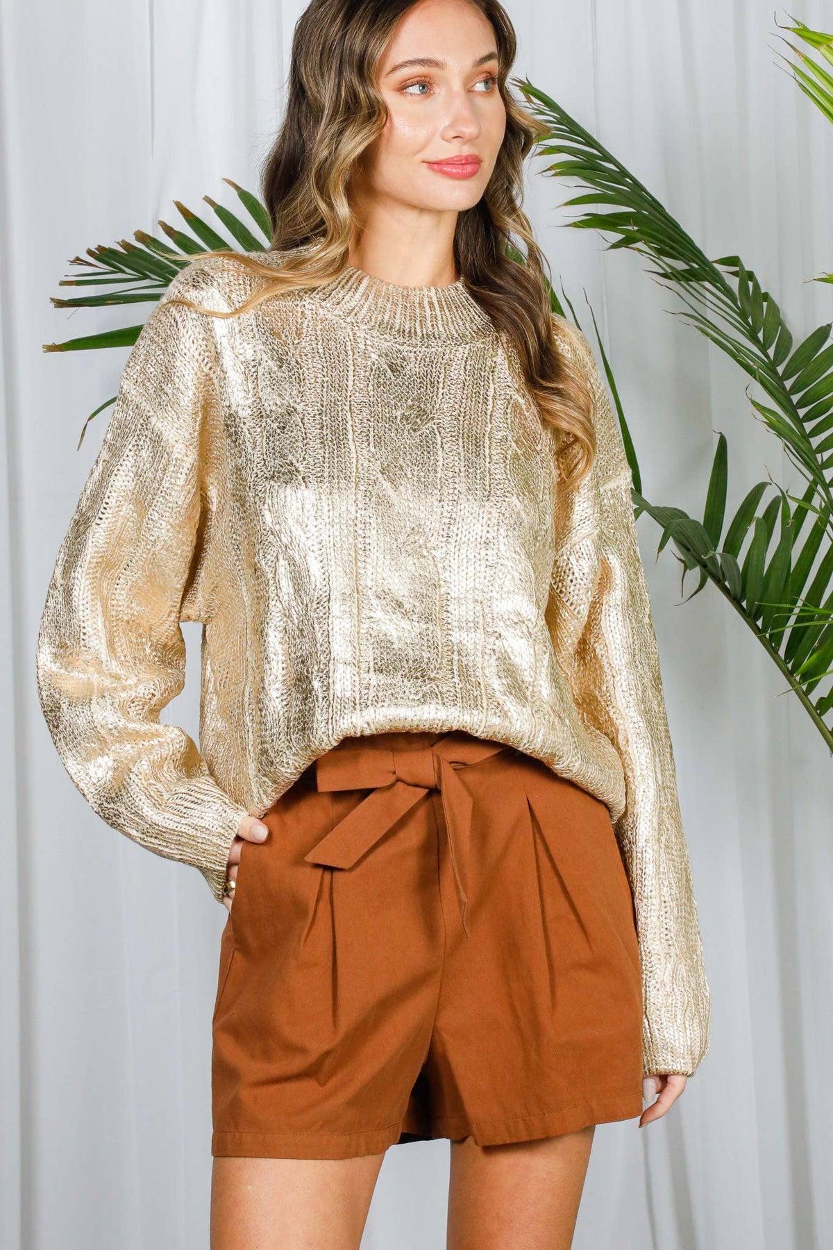 Metallic Foil Crew Neck Knitted Sweater Gold