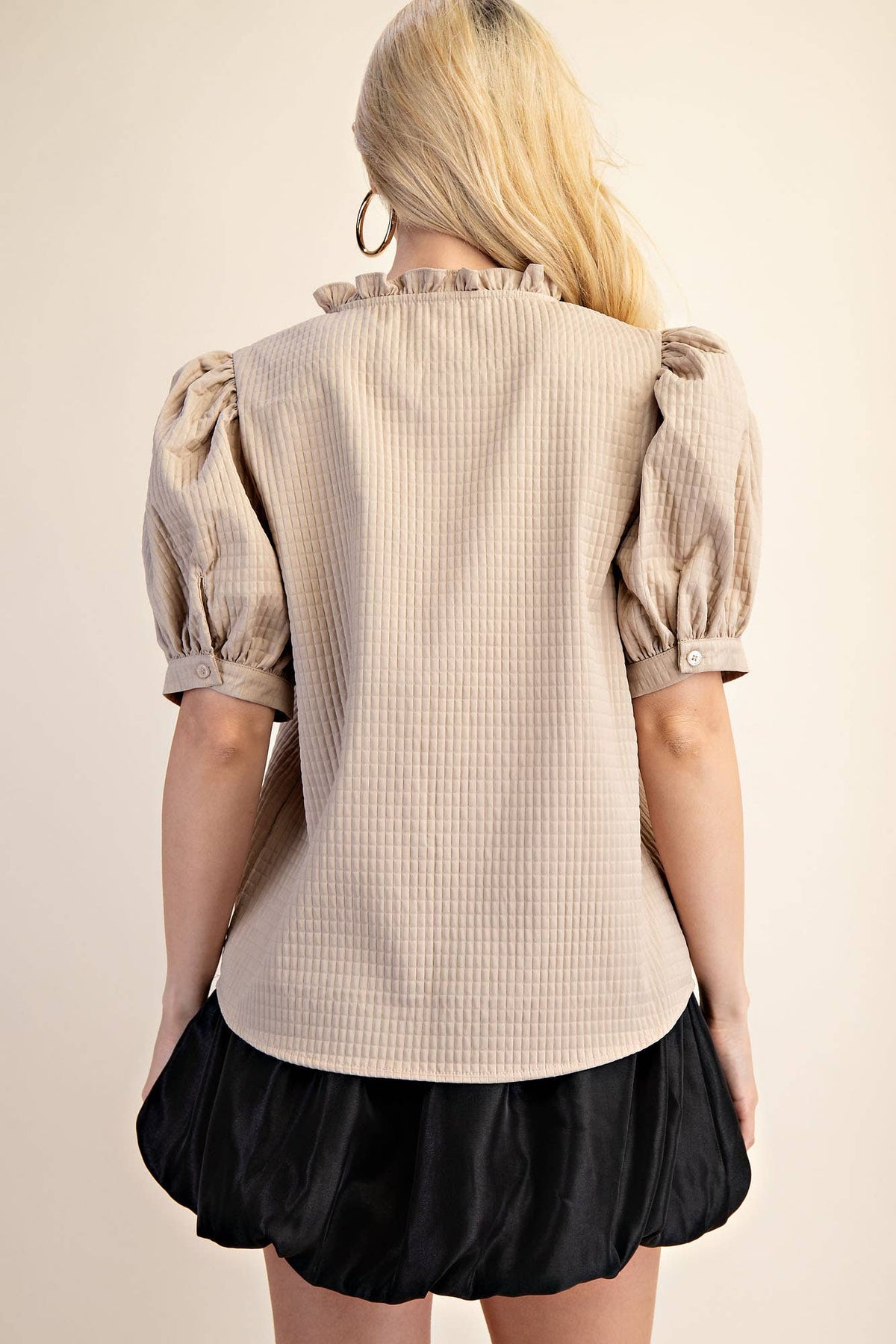 Puff Sleeve Ruffle V-Neck Textured Top: Beige