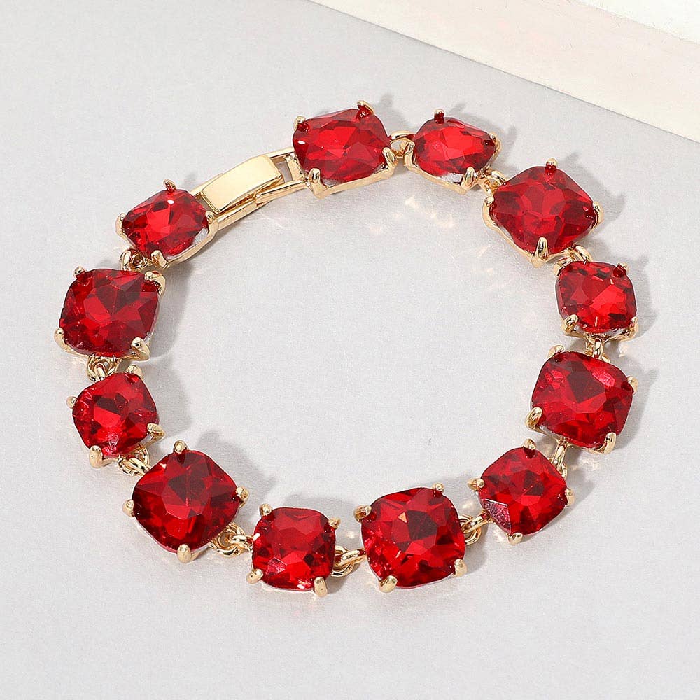 Cushion Square Stone Link Evening Bracelet: Red