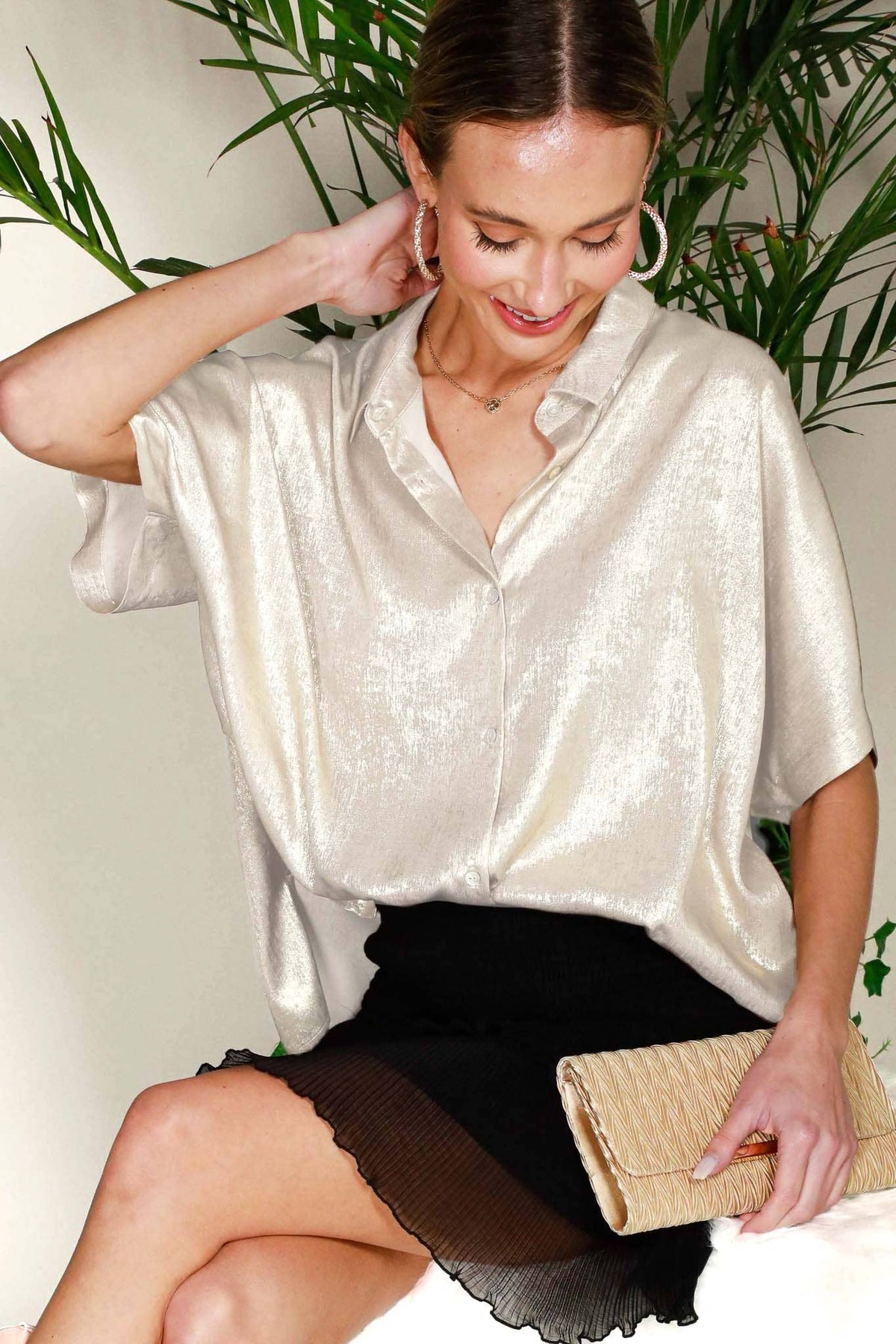 Collared Neck Button Down Metallic Woven Top Gold