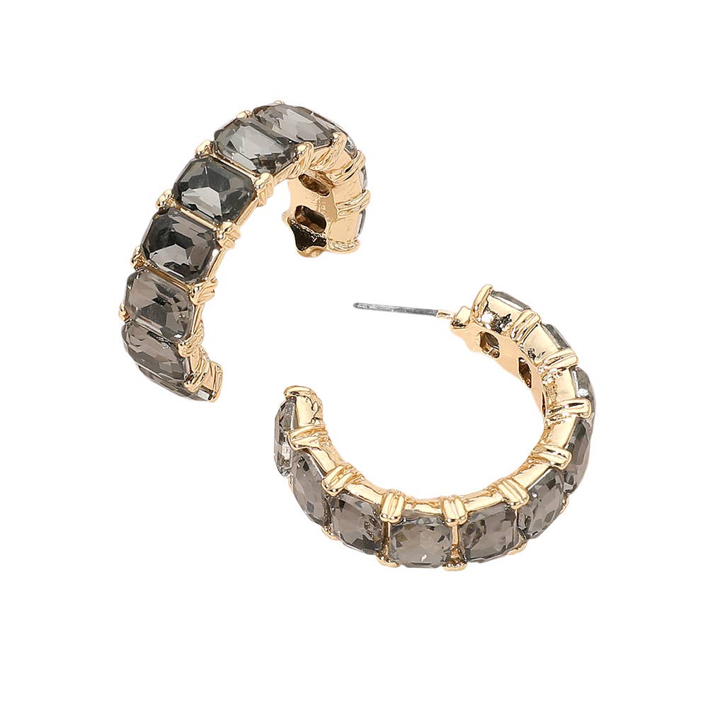 Faceted Rectangular Gem Curved Hoop Earrings: Champagne,Gold