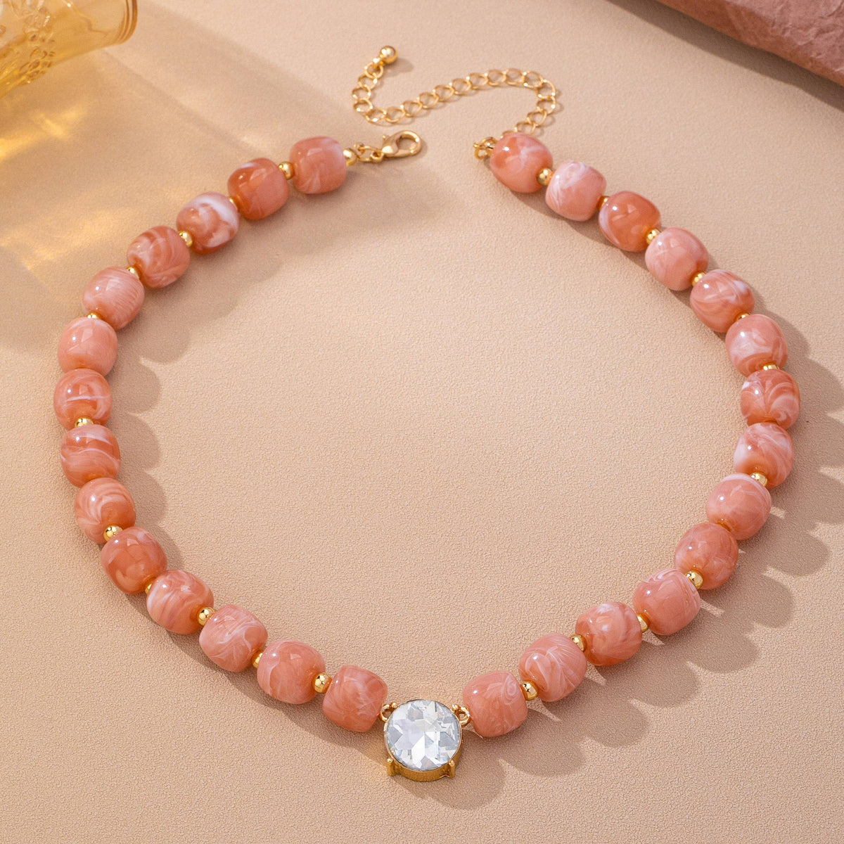 Resin Bead Round Crystal Pendant Necklace | RED