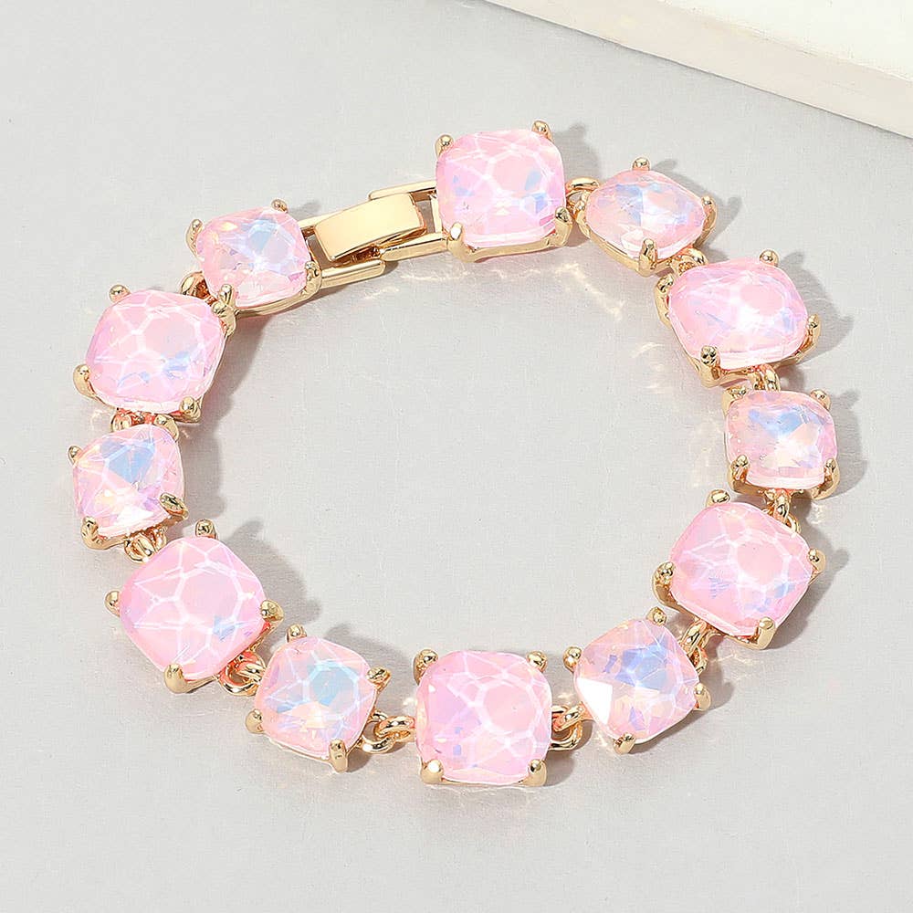 Cushion Square Stone Link Evening Bracelet: Red