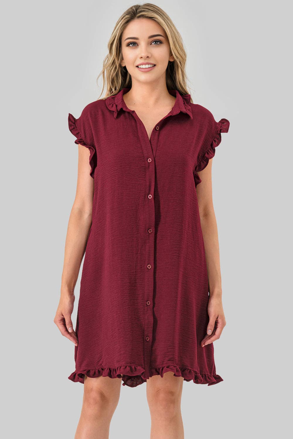 Avery Game Day Ruffle Button Down Dress Burgundy