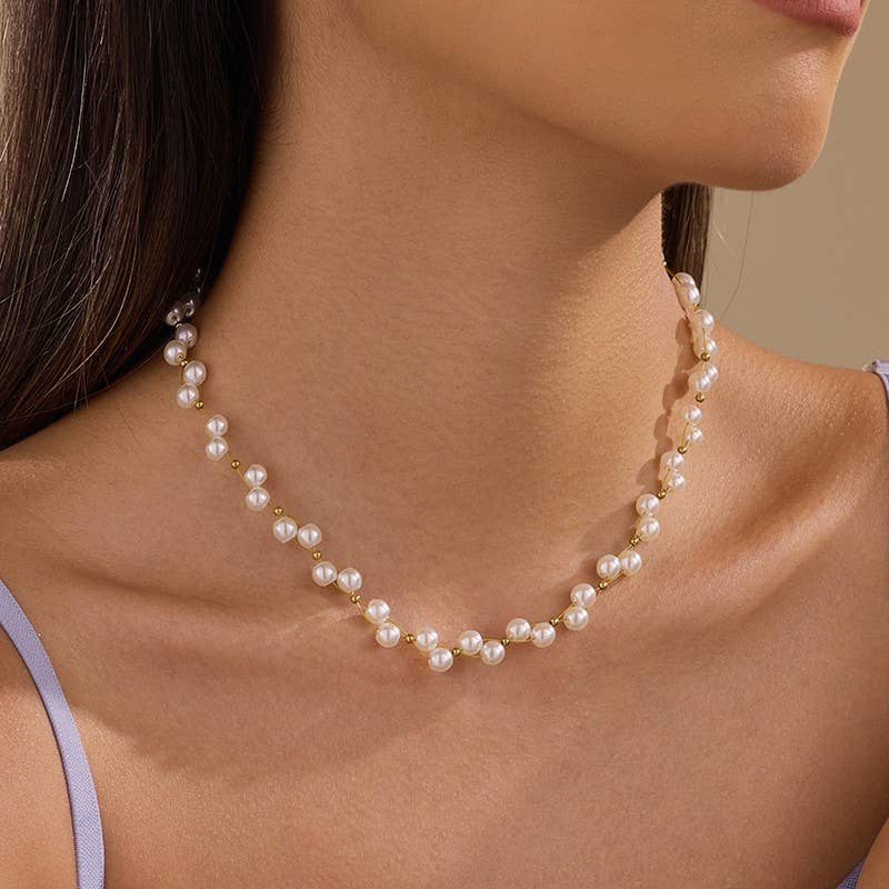 Faux Baroque Pearl & Gold Wire Station Necklace