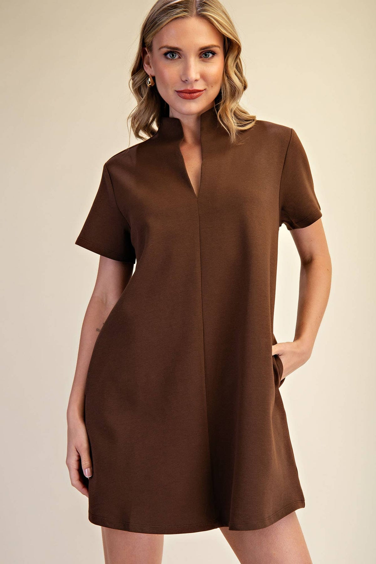 Stand Collar V-Neck Slit Dress: Hunter Green