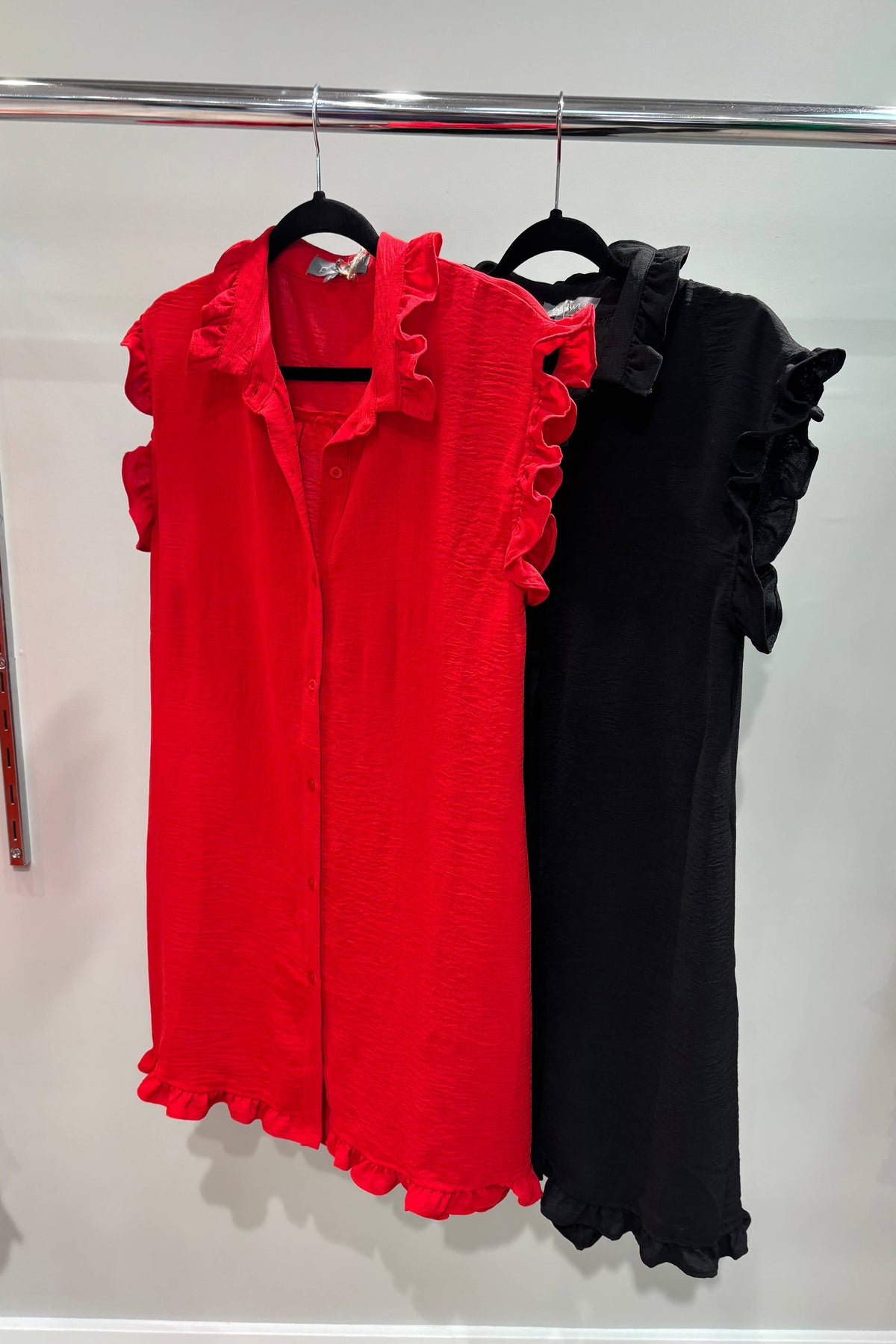 Avery Game Day Ruffle Button Down Dress Red