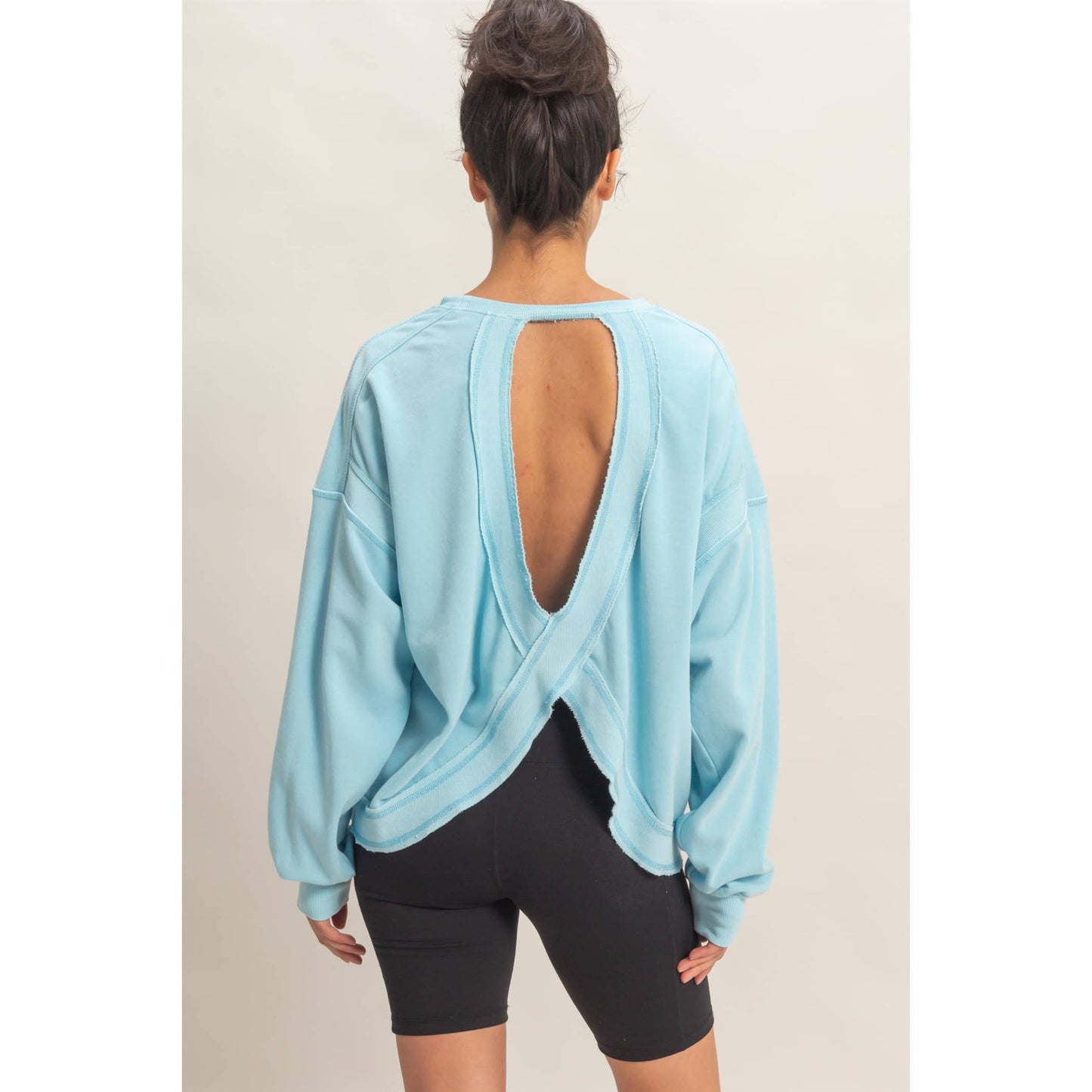 Oversized Cross Detail Open Back Sweatshirt: TURQUOISE