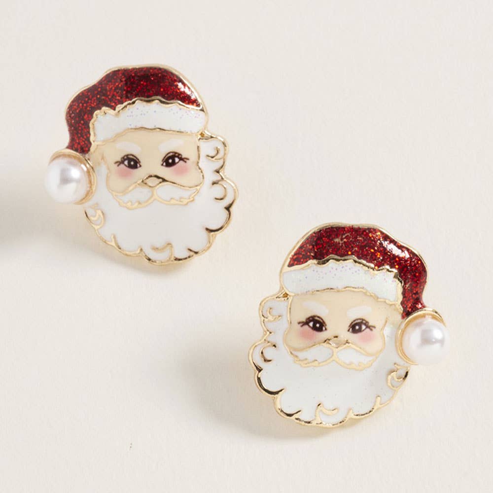 Pearl Glittered Hat Santa Face Stud Earrings: Pink