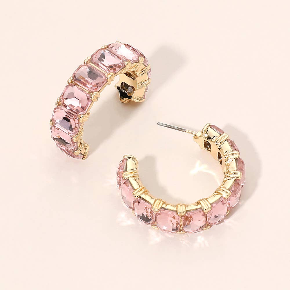 Faceted Rectangular Gem Curved Hoop Earrings: Champagne,Gold