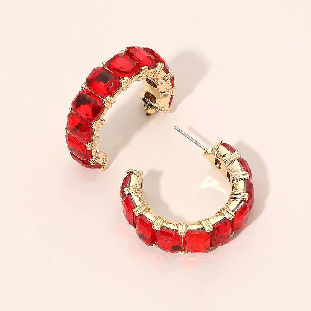 Faceted Rectangular Gem Curved Hoop Earrings: Champagne,Gold