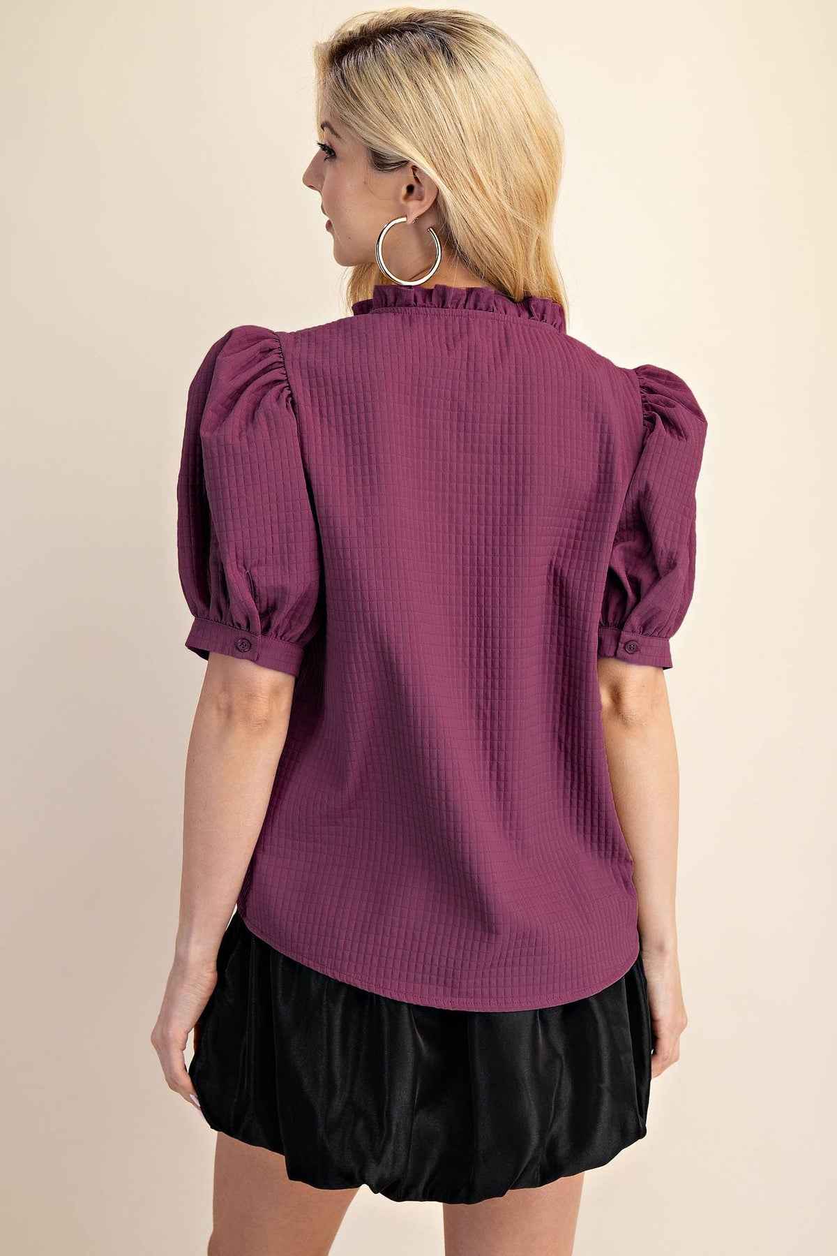 Puff Sleeve Ruffle V-Neck Textured Top: Beige