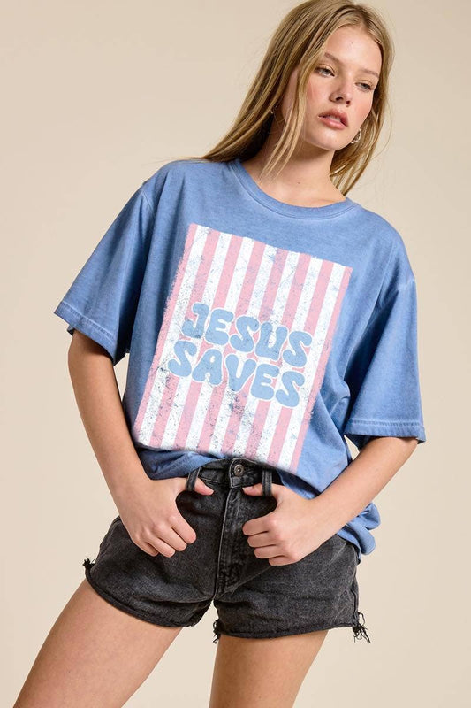 Jesus Saves Graphic S/S Lunar Dye Tee: BLUE