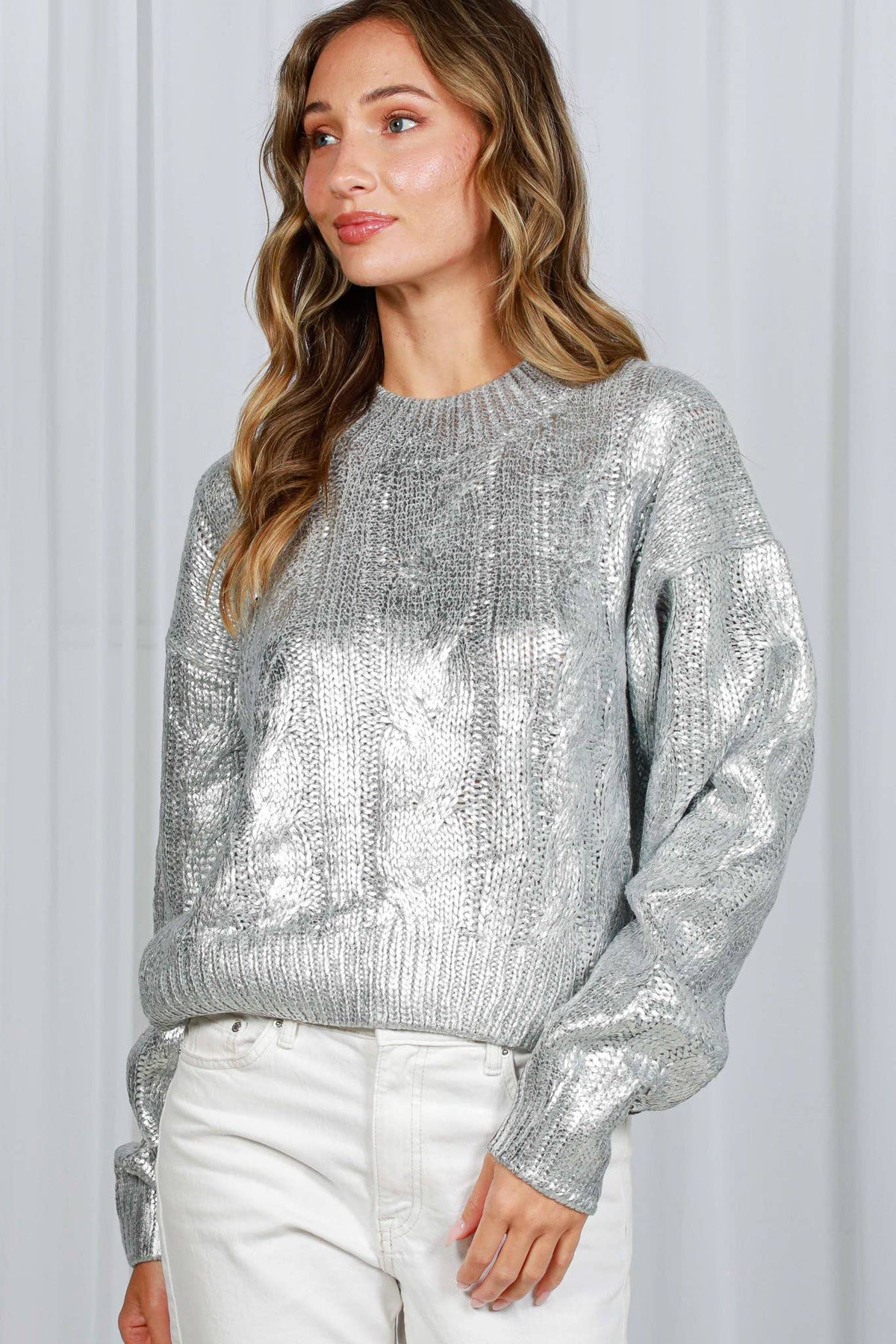 Metallic Foil Crew Neck Knitted Sweater Gold