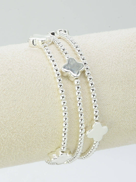 3 Piece Clover Beaded Bracelet Set: Silver
