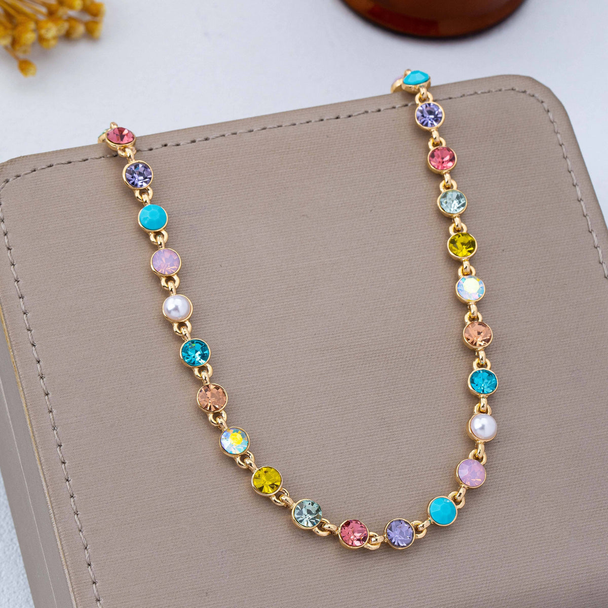 Multi Color Crystal & Pearl Tennis-Style Necklace GOLD