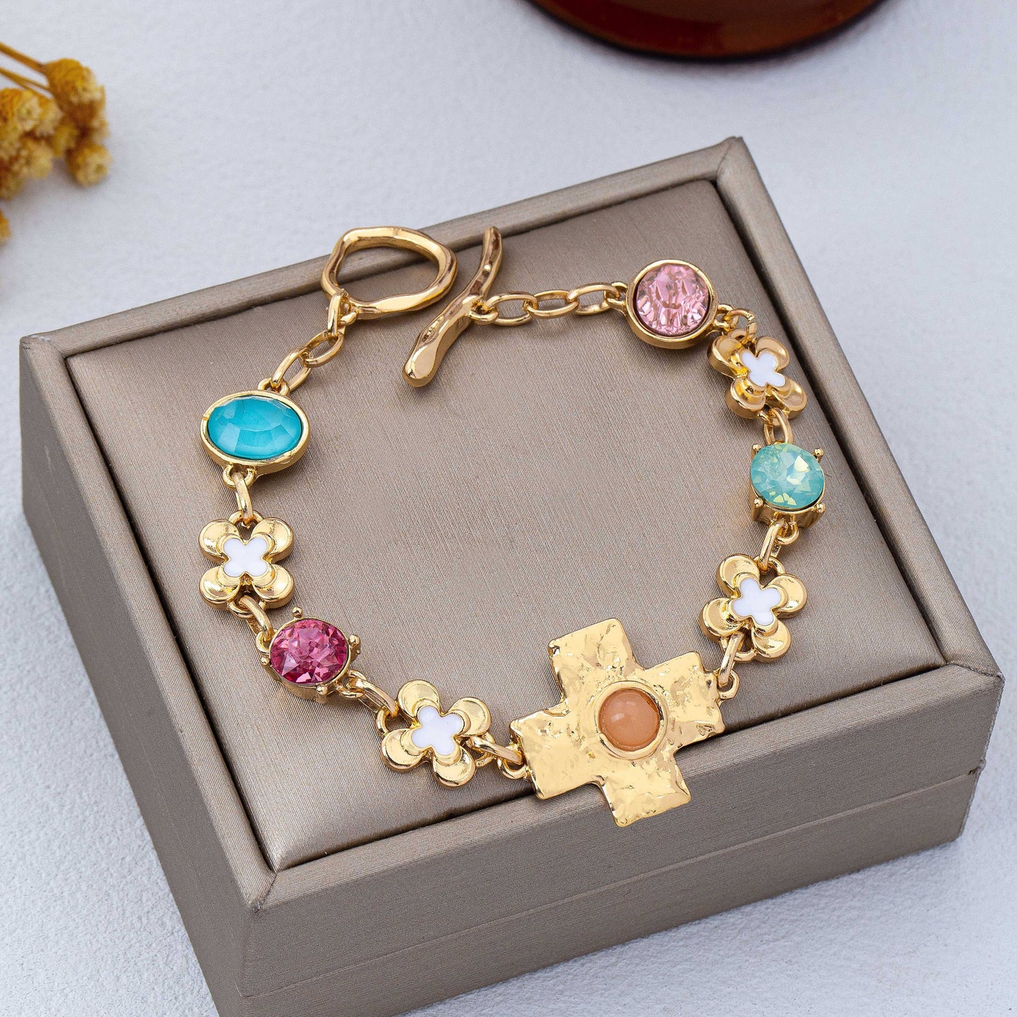 Floral Cross & Gemstone Charm Bracelet GOLD