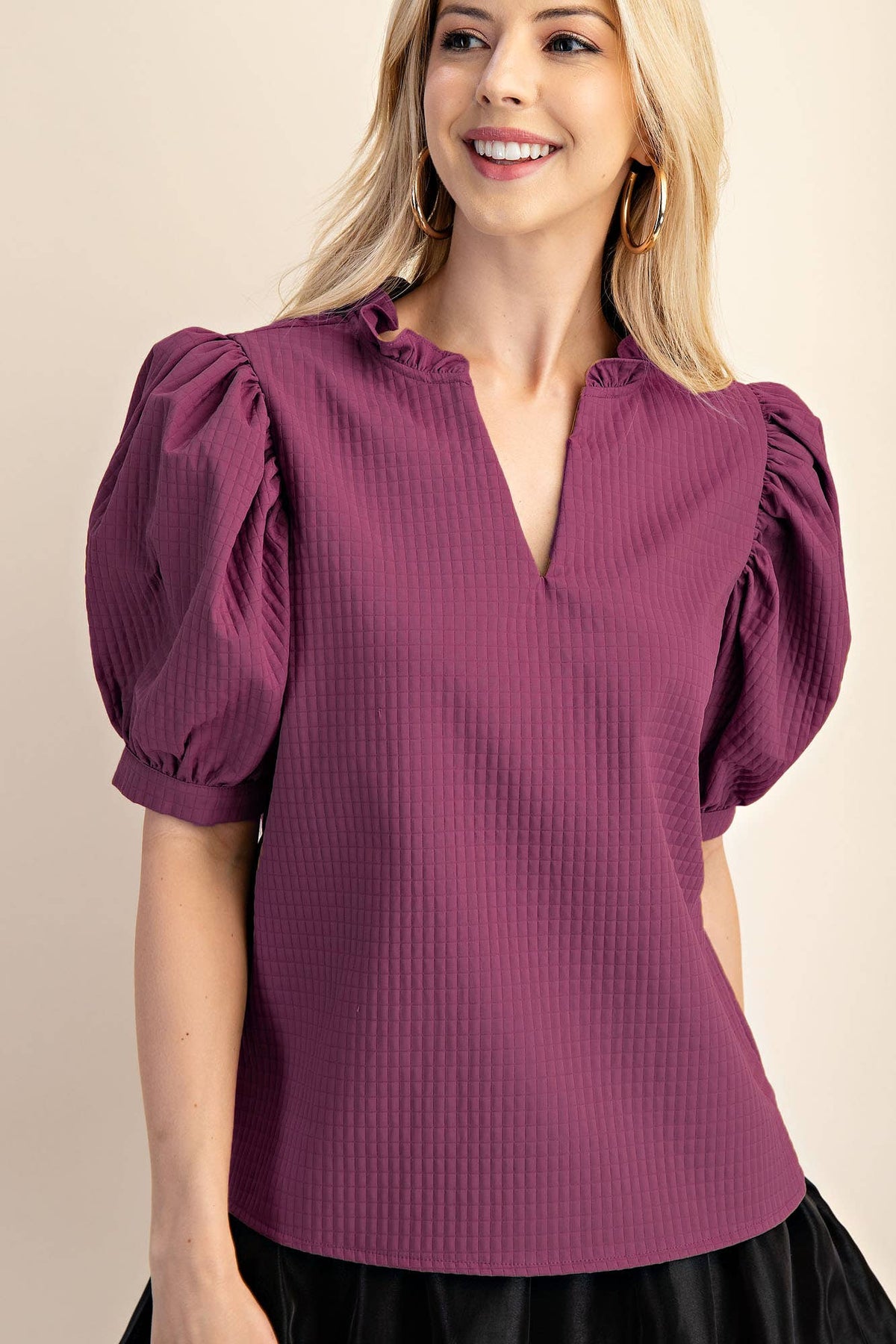 Puff Sleeve Ruffle V-Neck Textured Top: Beige