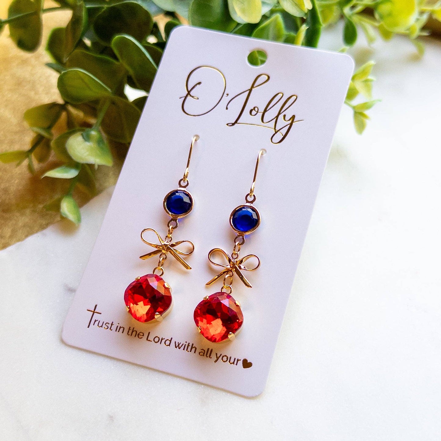 Crystal Bow Dangle Earrings – Red & Blue Rhinestone Earrings – Gold Bow Statement Earrings “Missy”
