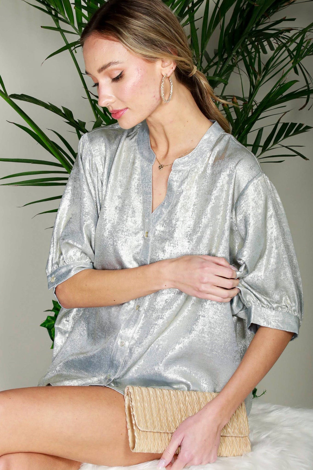 Henley Neckline Metallic Woven Top Gold
