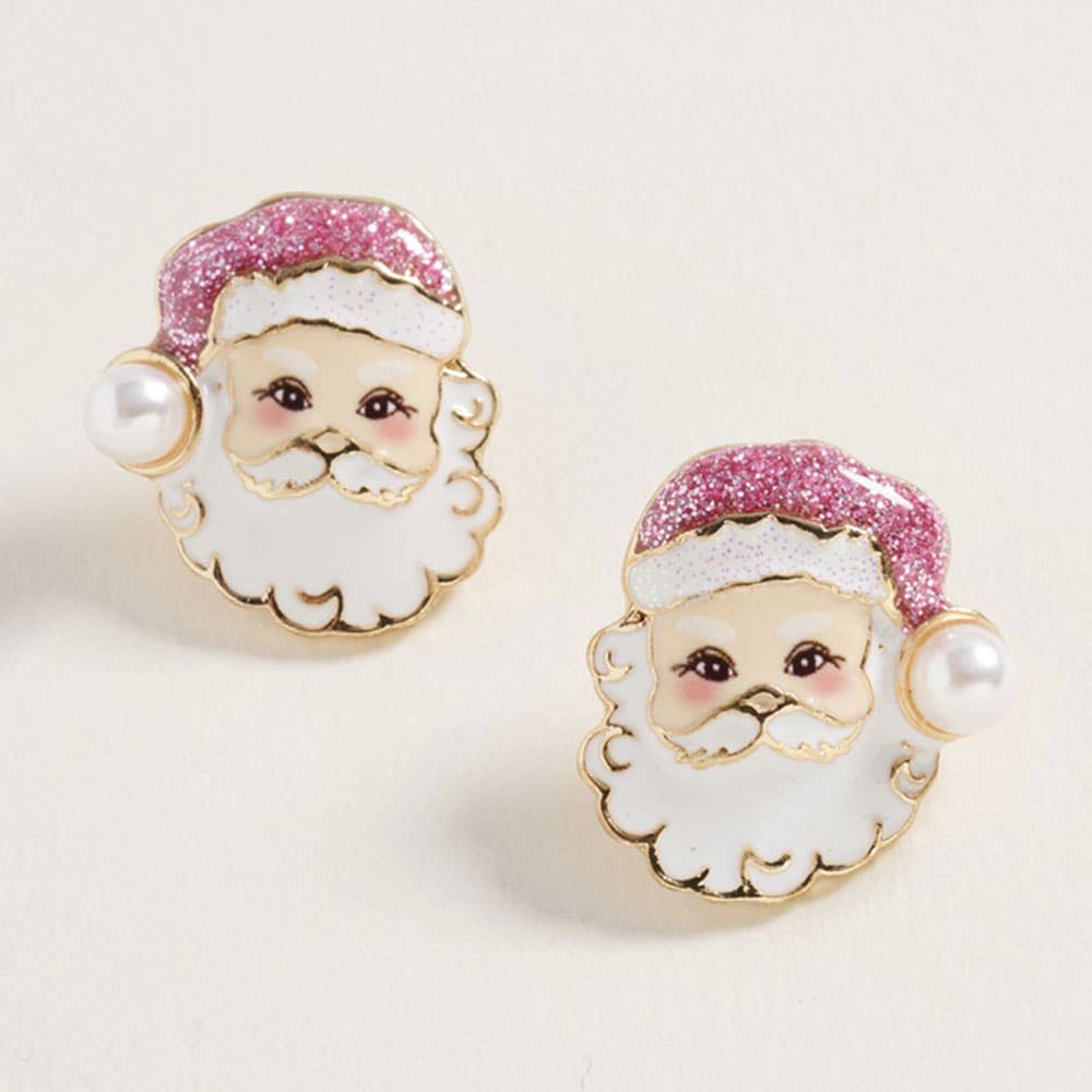 Pearl Glittered Hat Santa Face Stud Earrings: Pink