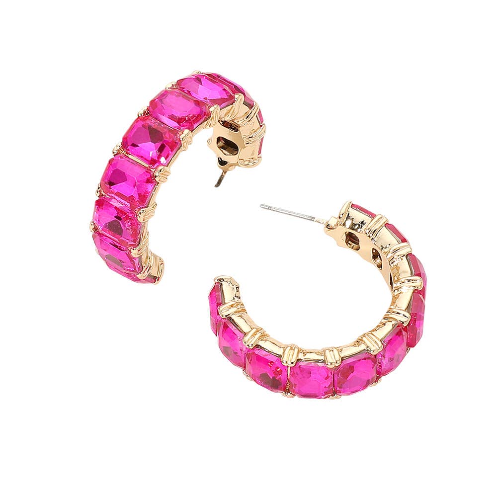 Faceted Rectangular Gem Curved Hoop Earrings: AB,Gold