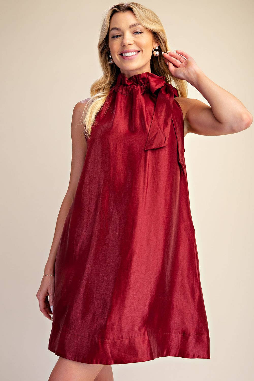 Ruffle Tie Neck Sleeveless Side Pocket Mini Dress: Champagne