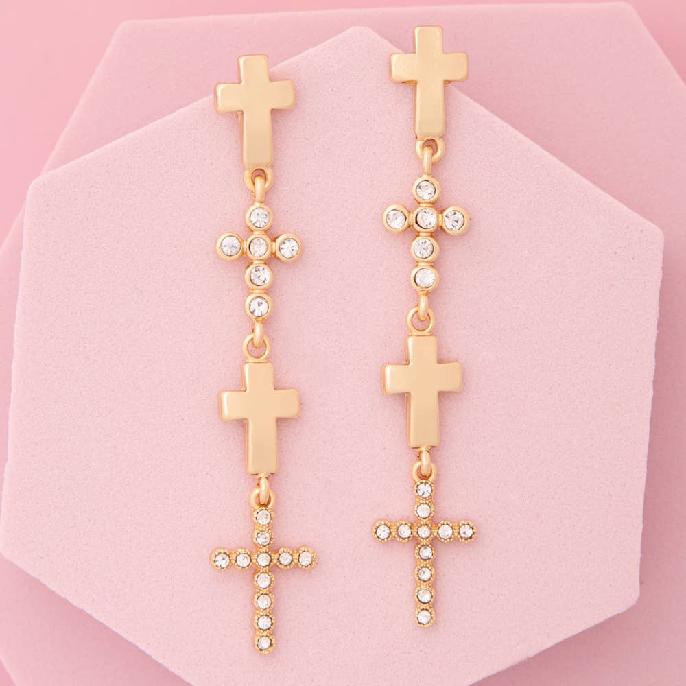 Multi-Cross Linear Earrings with Pavé Rhinestones in Gold