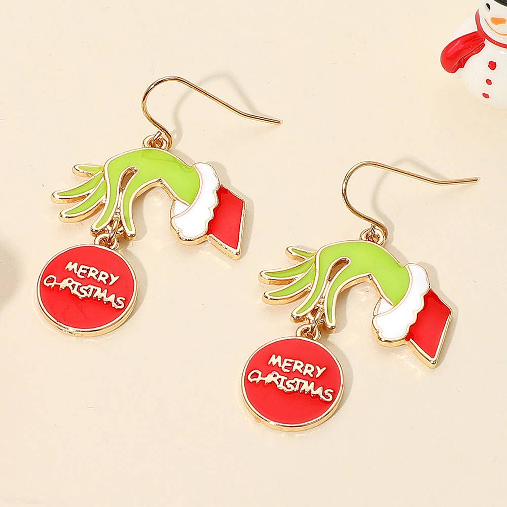 MERRY CHRISTMAS Message Ornament Green Monster Hand Dangle Earrings