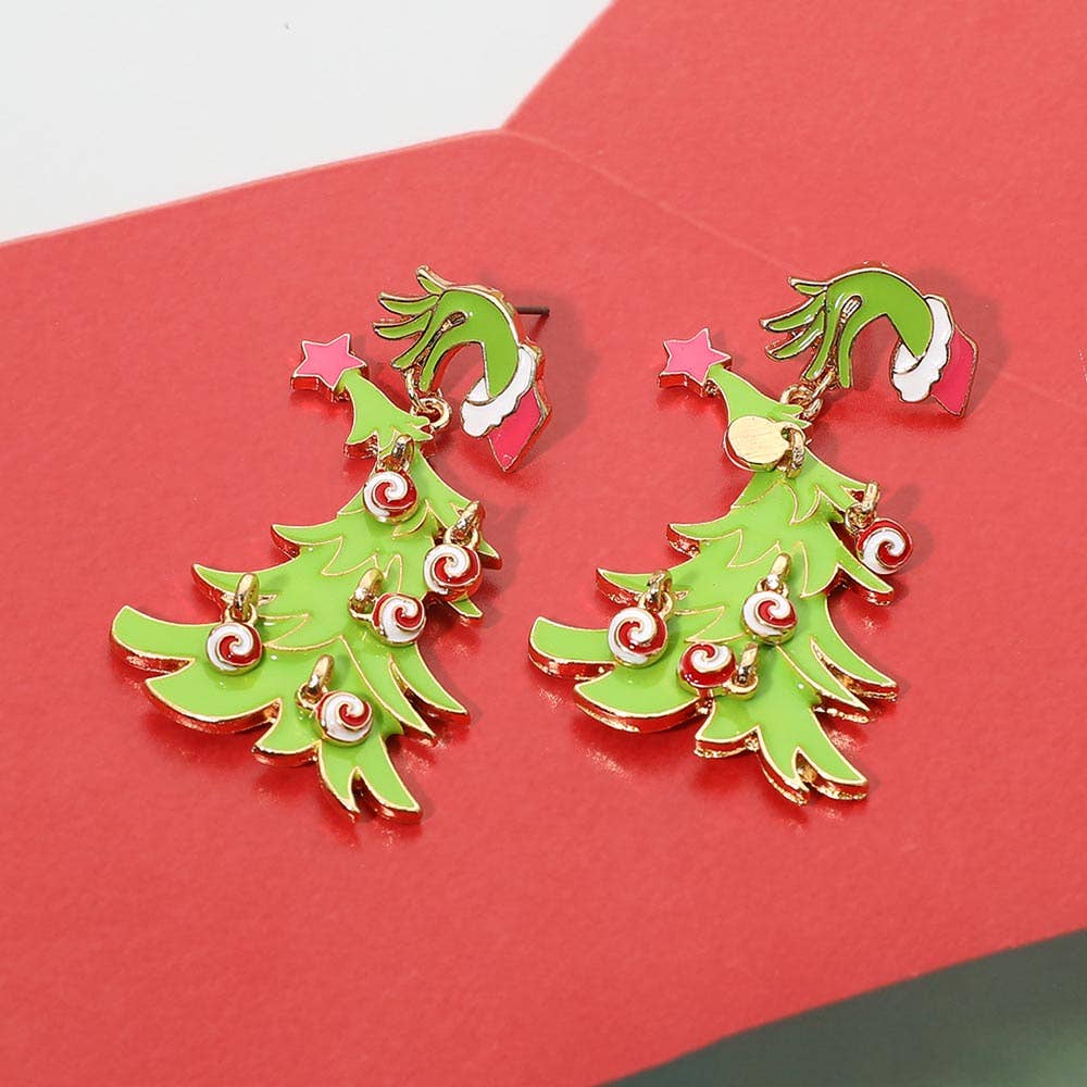 Grinch Hand Christmas Tree Drop Dangle Earrings