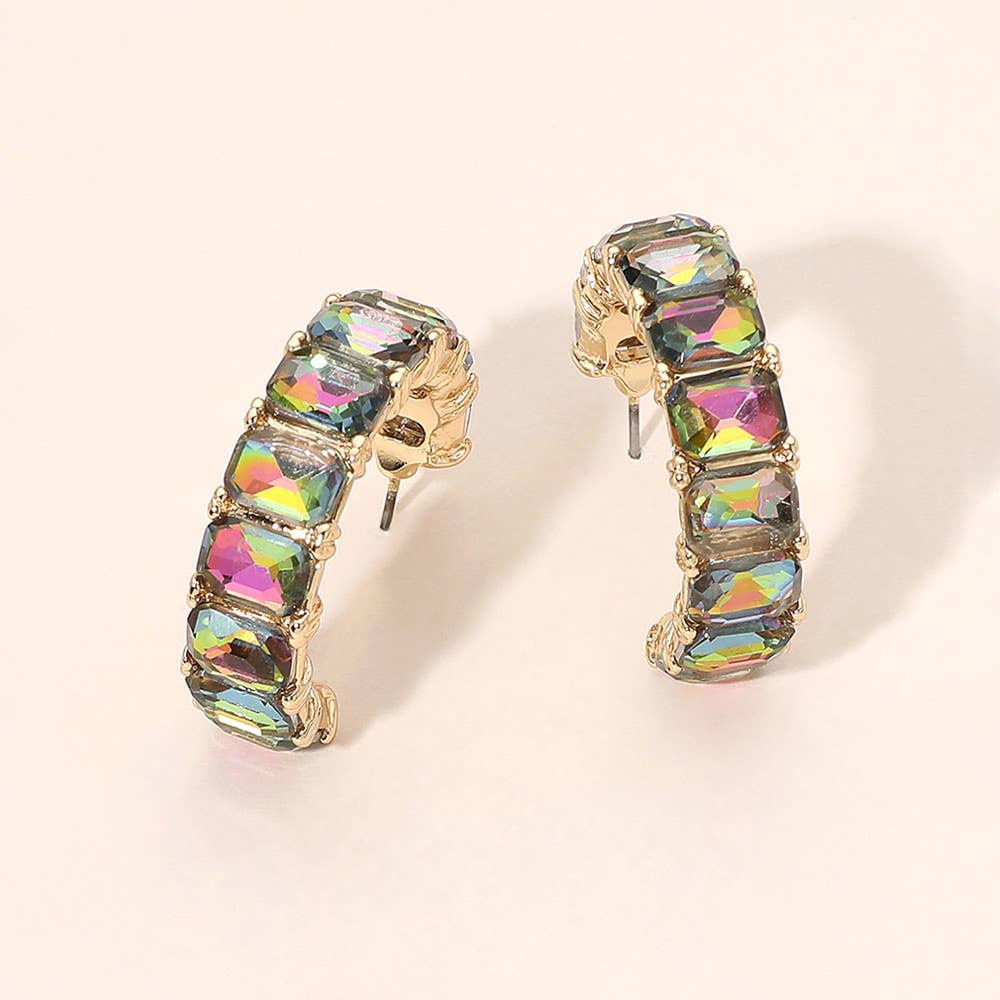 Faceted Rectangular Gem Curved Hoop Earrings: AB,Gold