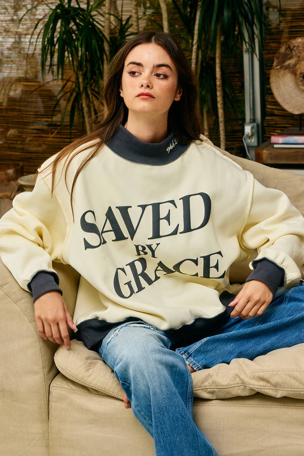 Saved by Grace Puff Print Sweatshirt: CREAM / PINK