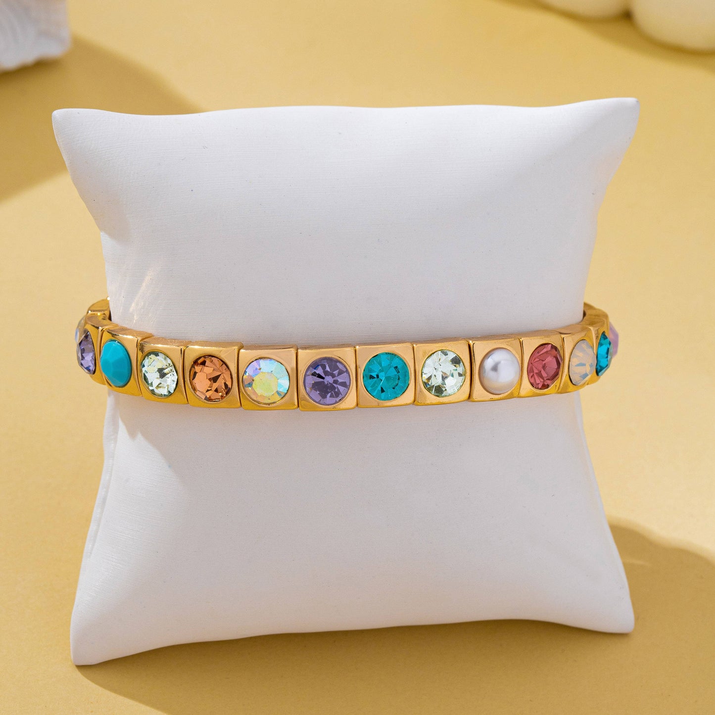 Multicolored Gemstone & Pearl Stretch Bracelet | GOLD