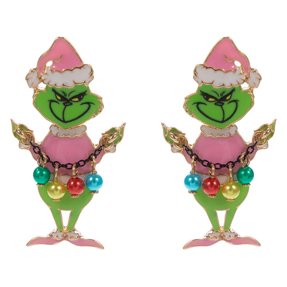 Holiday Grinch Green Monster with Ornament Earrings: Pink