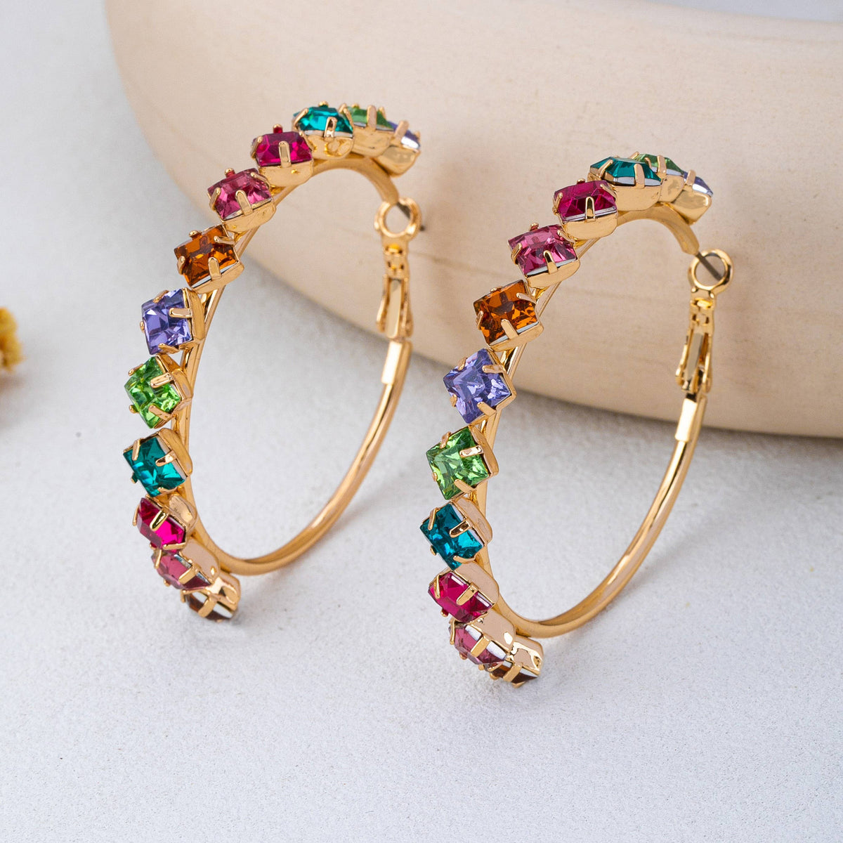 Multi-Color Rainbow Crystal Hoop Earrings