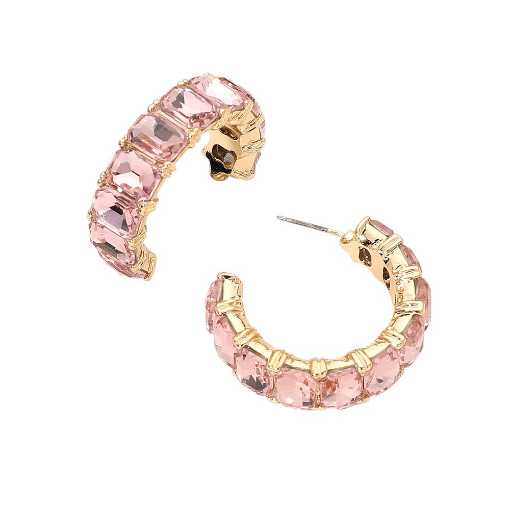 Faceted Rectangular Gem Curved Hoop Earrings: Champagne,Gold