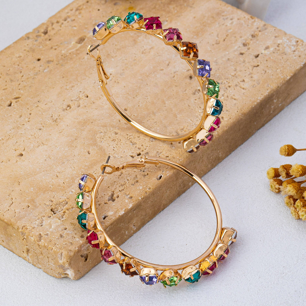 Multi-Color Rainbow Crystal Hoop Earrings