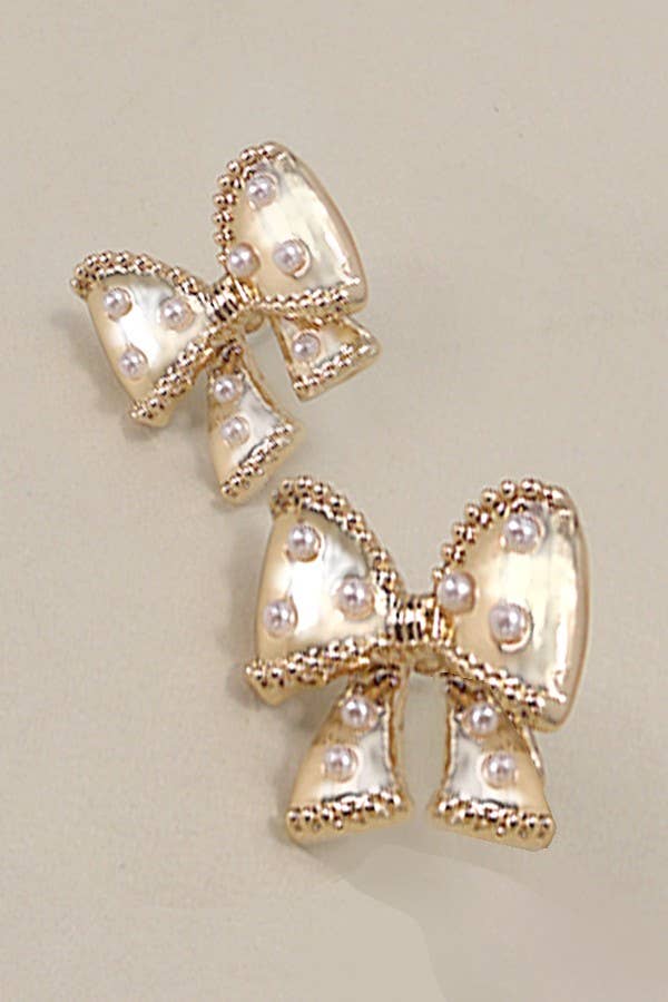 BOW PEARL STUD EARRINGS |Gold