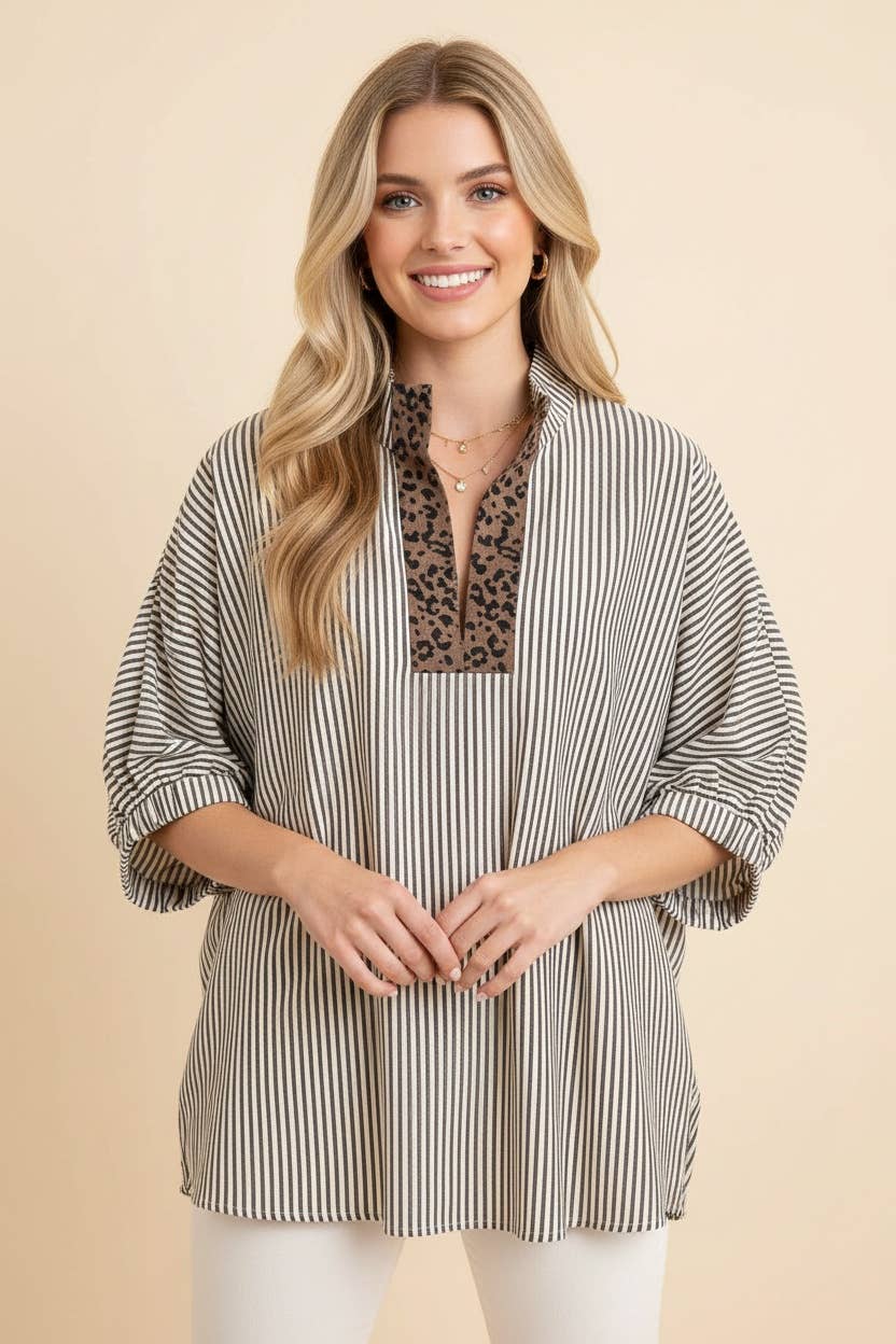 Striped Oversized Split Neck Short Sleeve Top: MOCHA