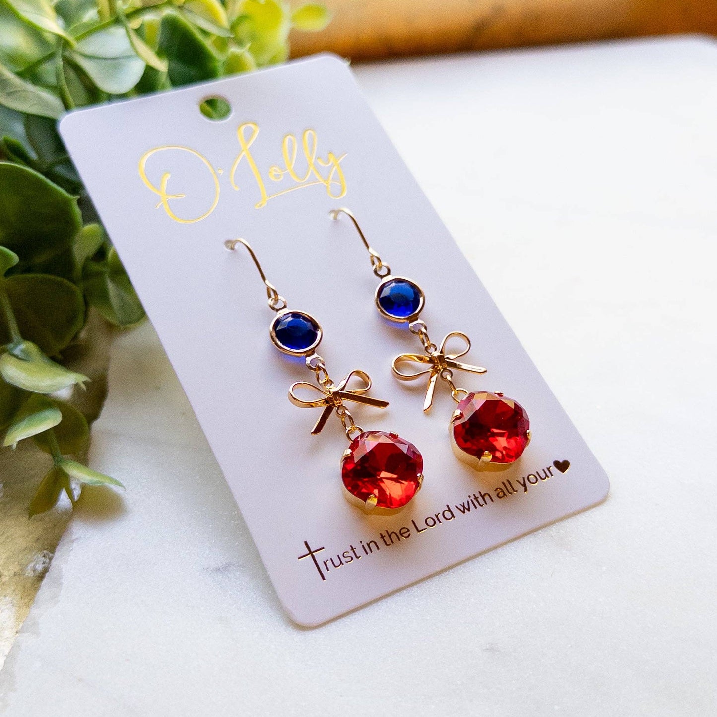 Crystal Bow Dangle Earrings – Red & Blue Rhinestone Earrings – Gold Bow Statement Earrings “Missy”