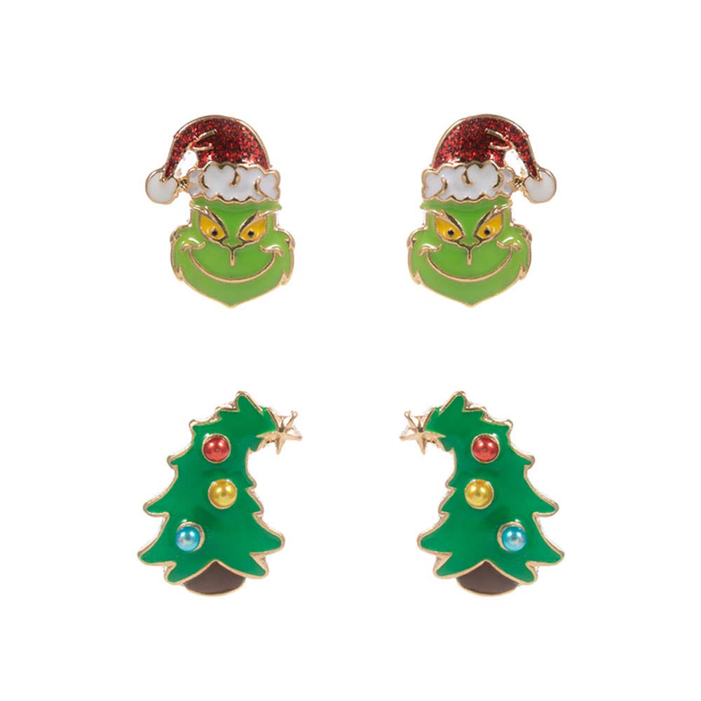 2Pairs - Christmas Grinch Green Monster Stud Earring Set: Pink